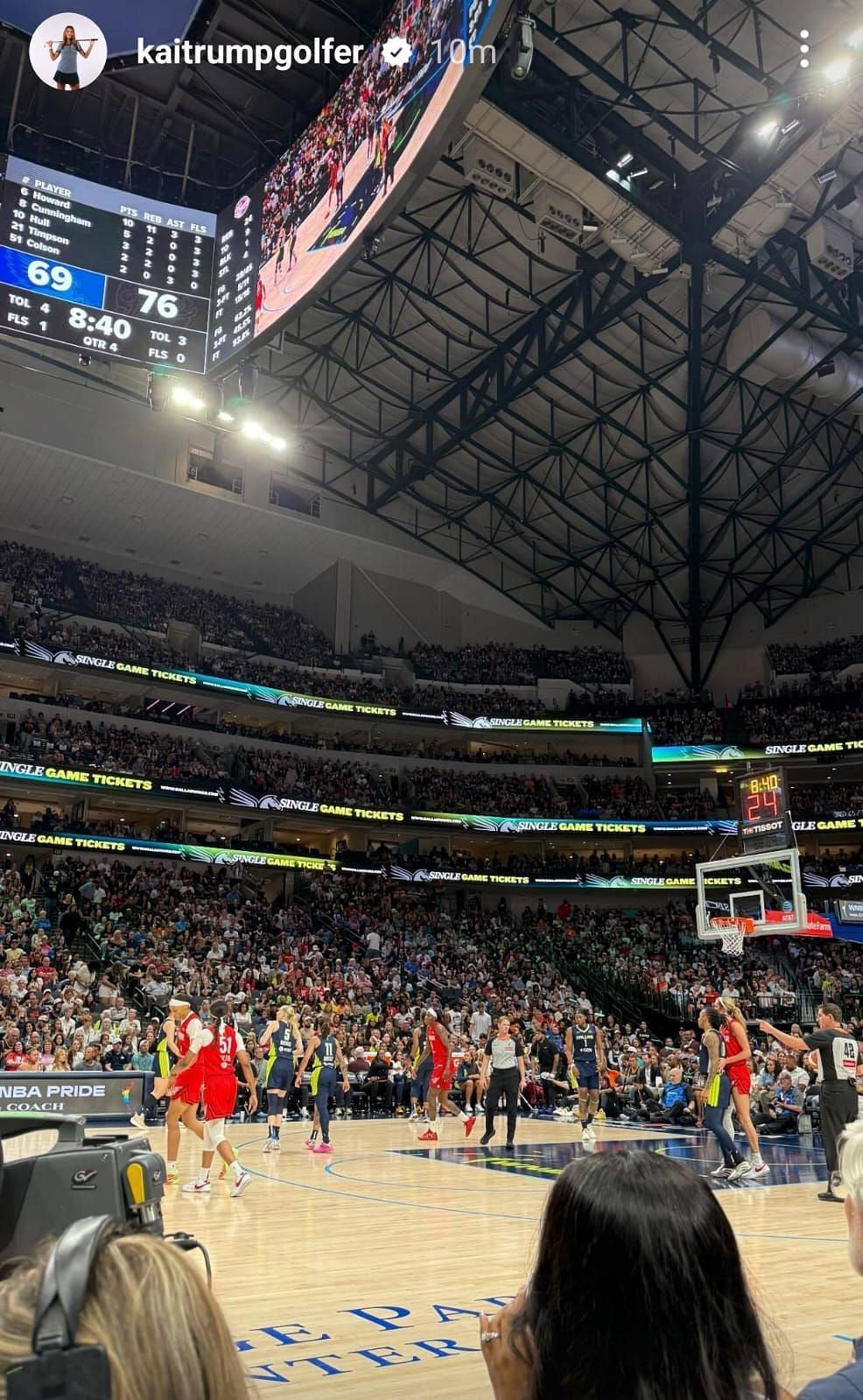 Kai Trump courtside during the Dallas Wings-Indiana Fever game on Friday - Image via Instagram @kaitrumpgolfer